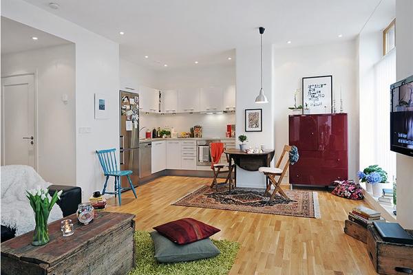 кухня гостиная с интерьером в скандинавском стиле