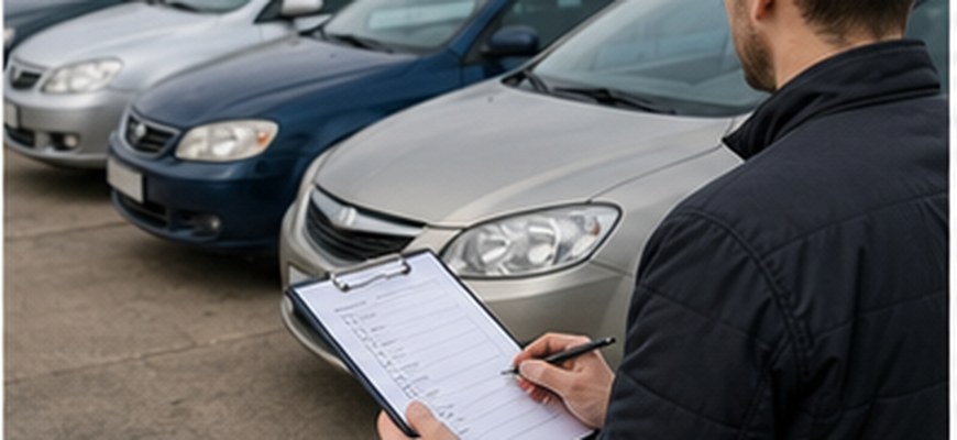 Покупатель сравнивает подержанные автомобили на стоянке по чек-листу