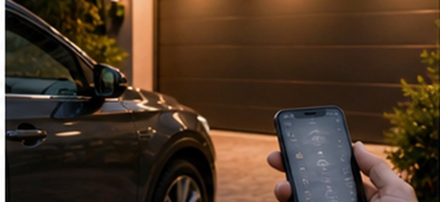 Смартфон управляет гаражом и светом рядом с автомобилем у дома
