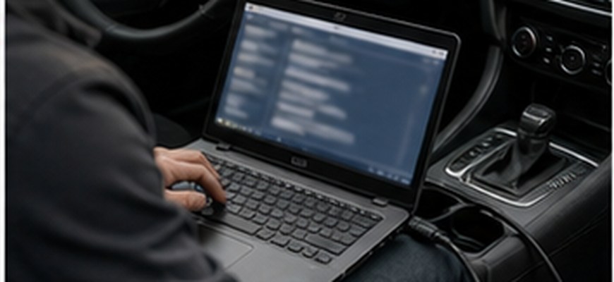Специалист проверяет электронные системы автомобиля через ноутбук