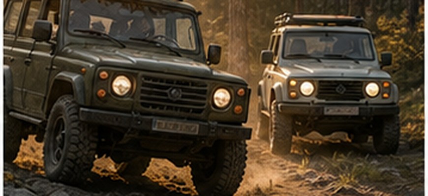 Классические внедорожники едут по лесной дороге
