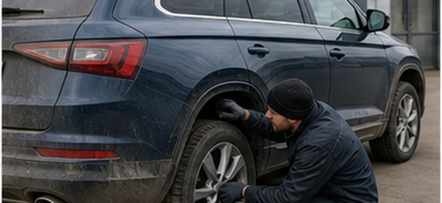 Осмотр подержанного среднеразмерного SUV у сервисного бокса